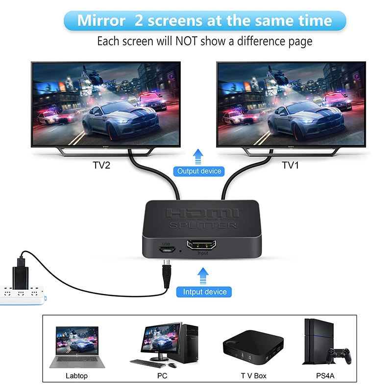 HDMI-compatible Splitter 1 in 2 Out  4K HDMI-compatible Splitter for Dual Monitors 1 to 2 Distributor for Full HD 1080P