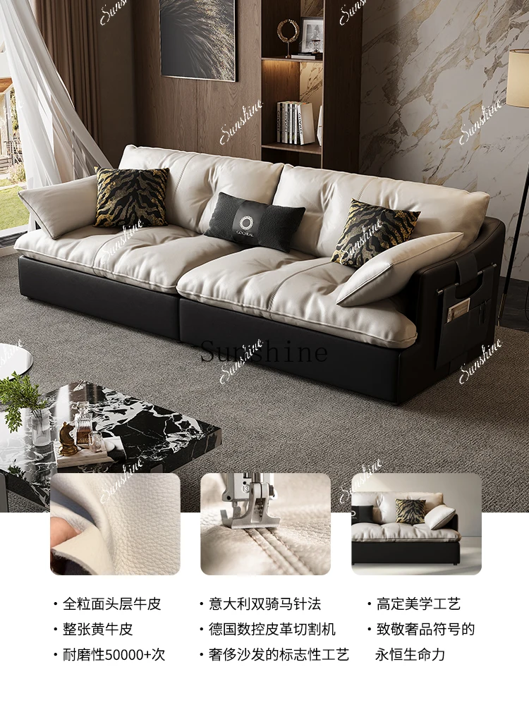 

The sofa is all leather, the large flat-floor living room is simple and modern, and the straight row color matching is high-end.
