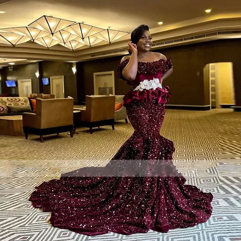 Aso Ebi-vestidos de fiesta de sirena estilo burdeos para mujer, traje de noche africano de talla grande con lentejuelas, encaje satinado, con volantes, Formal, 2023