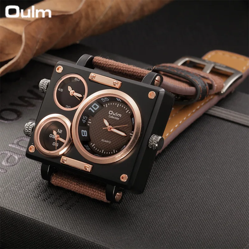 Oulm Top Luxury Brand Men Watch  Fabric Srap Quartz Watch Clock Male Multiple Time Zones Square Sports Watches Relogio Masculino