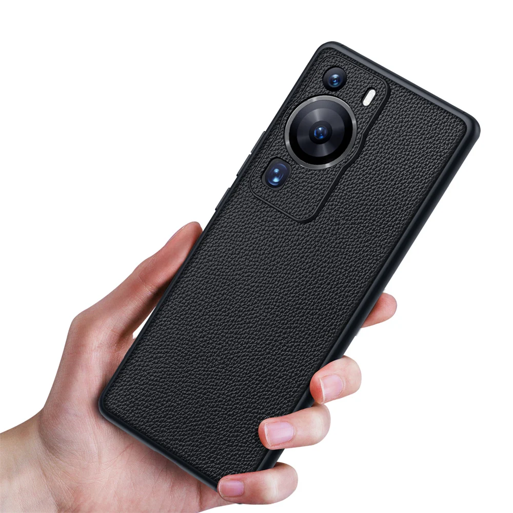 

Ultra-Thin Litchi Pattern Genuine Leather Case for Huawei P60 P60 Pro Shockproof Slim Protective Cover with Lens Protection