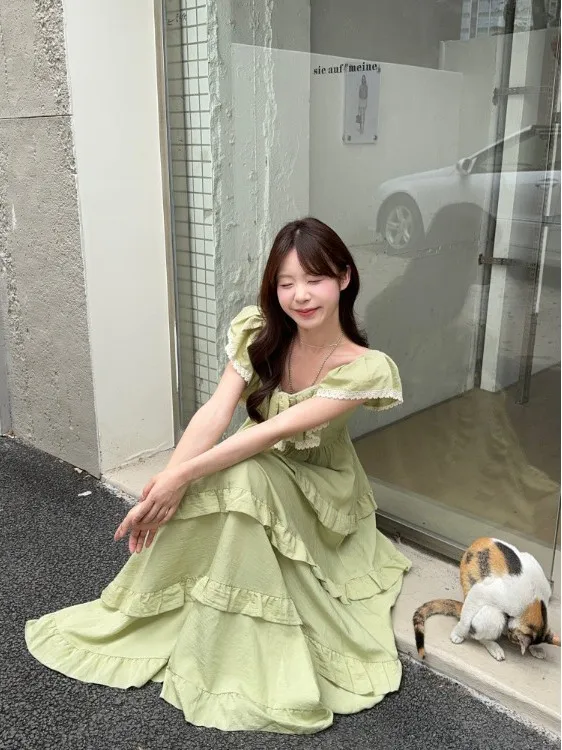 Francês retro fora do ombro puff manga verde babados em camadas bolo vestido para as mulheres verão fino-ajuste férias fada a linha vestido