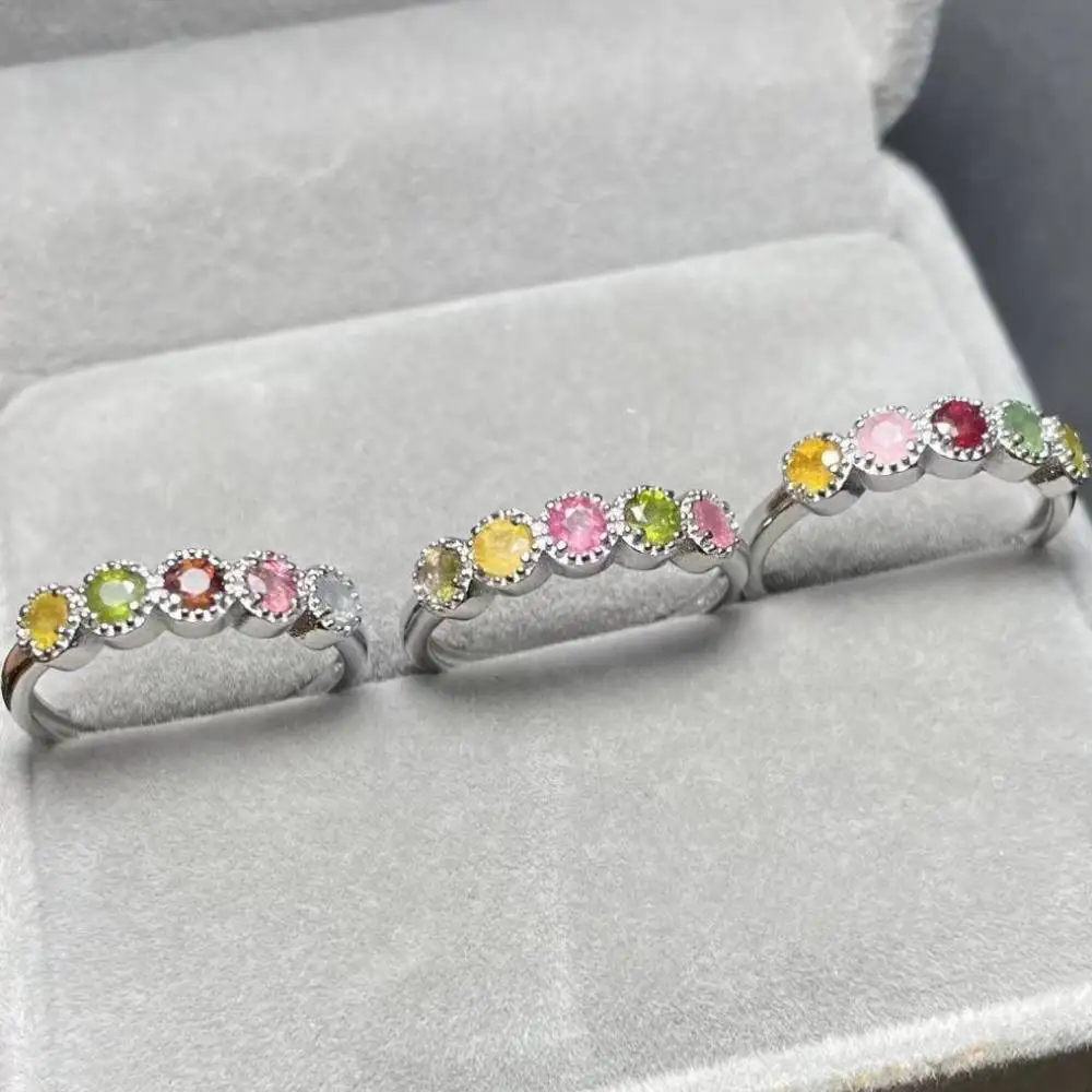 خاتم تورمالين للنساء قابل للتعديل ، خاتم نحاسي أبيض ، حجر طبيعي ، 4 حلقات ، مقاس 3 تقريبًا