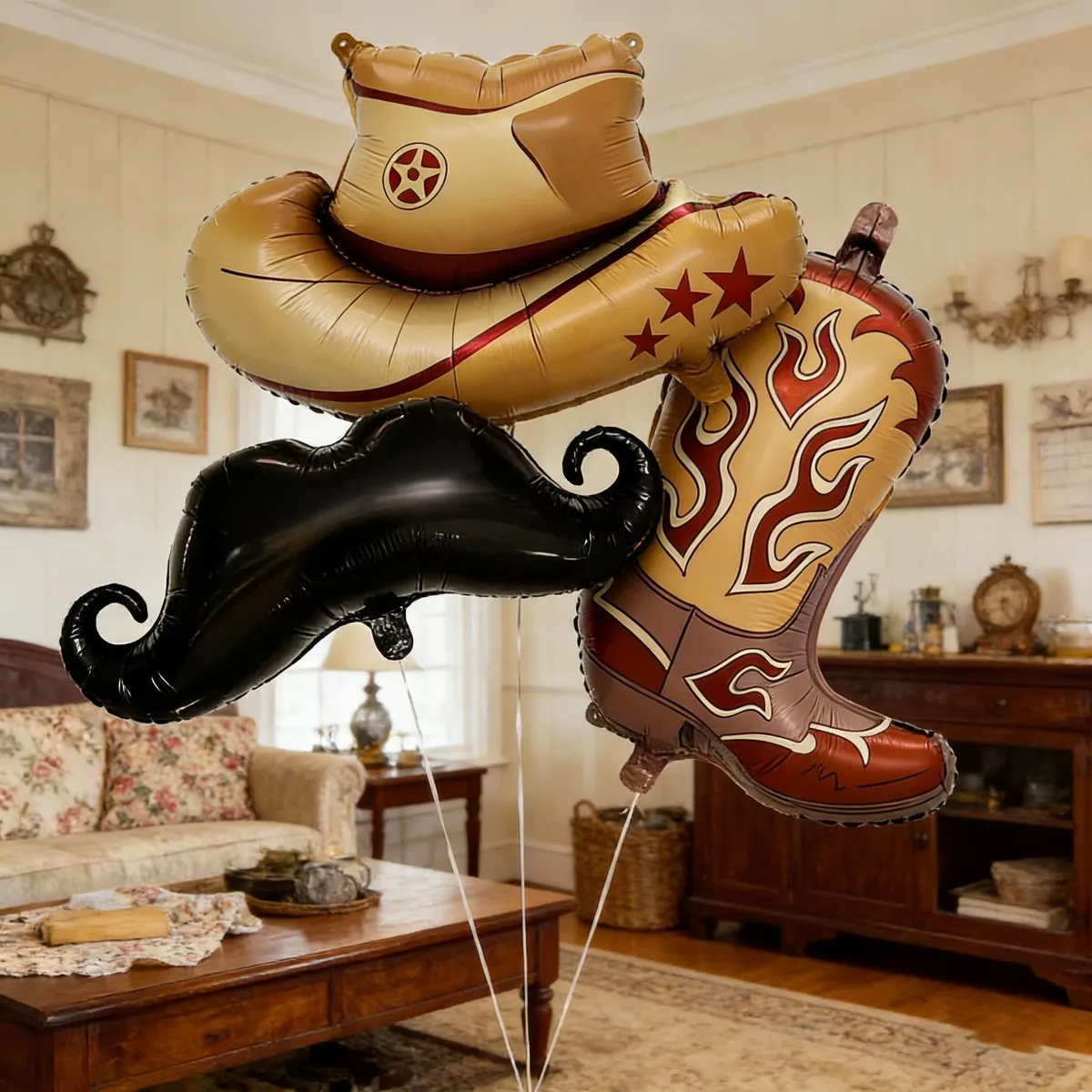 3 Piezas de Botas de Vaquero, Sombrero de Vaquero y Globos con Barba, Accesorios para Fotos de Festival, Decoraciones para el Día del Padre, Artículos para Fiestas Temáticas de Westworld