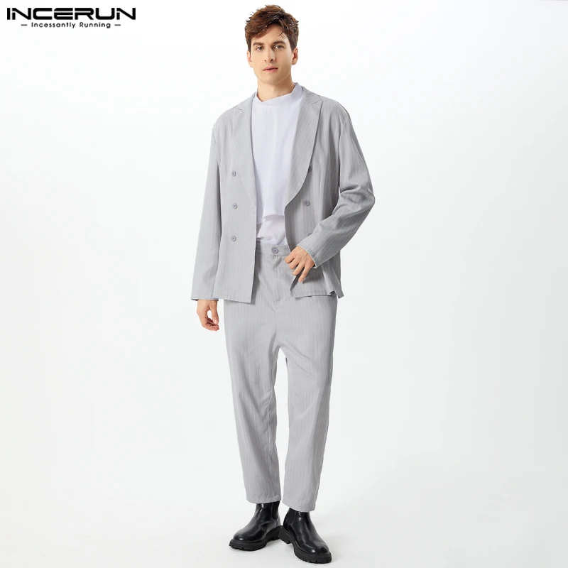 INCERUN 2024 conjuntos sencillos de estilo americano, traje de manga larga para hombre, abrigos, pantalones, conjuntos de dos piezas a rayas a la moda para hombre guapo, S-5XL