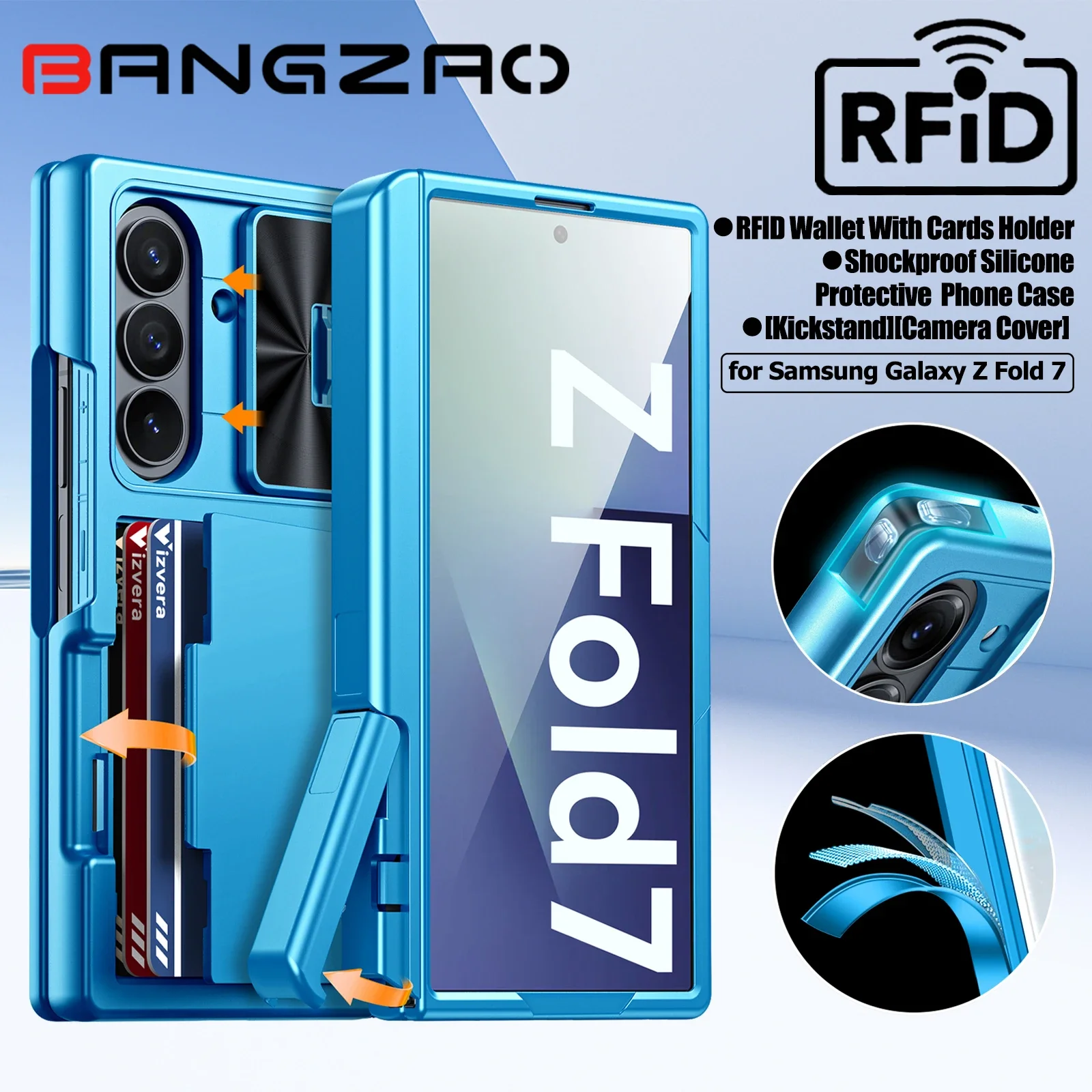 

Чехол для Galaxy Z Fold 7, RFID-кошелек с держателем для карт, подставкой, чехлом для камеры, противоударный силиконовый защитный чехол для телефона - небесно-голубой