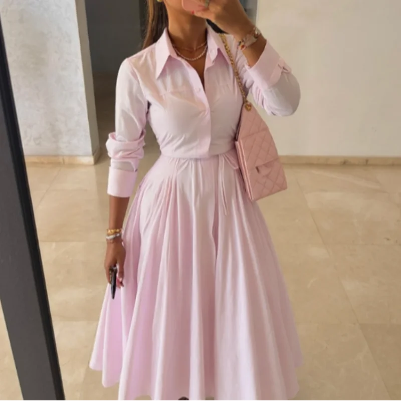 

Casual Pink Lapel Blouse Skirts Suit Women Buttons Full Sleeve Top Pleated Long Skirt 2025 Autumn New Casual Office Commute Sets