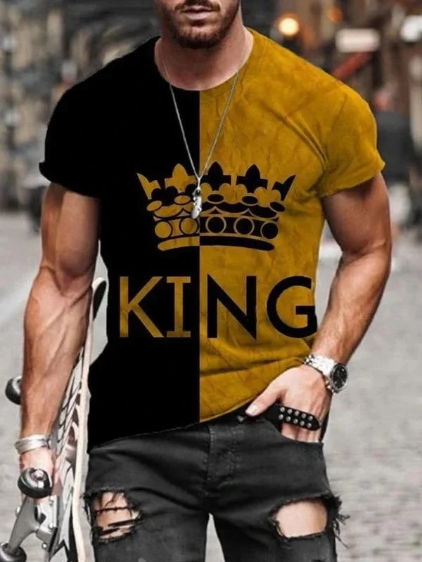 

2023 Summer Men's Printed Casual Crew Neck Short Sleeve T-Shirt King Crown Black Yellow Stitching 3D Printed T Shirt