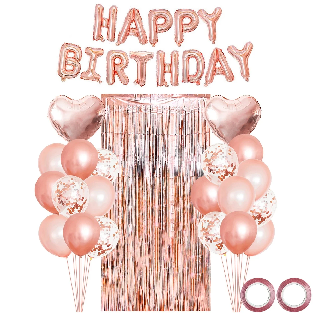 39pcs Rose Gold Birthday Balloons Party Decoration Happy Birthday Letter Balloon Rain Silk Curtain Background Baby Shower Decor