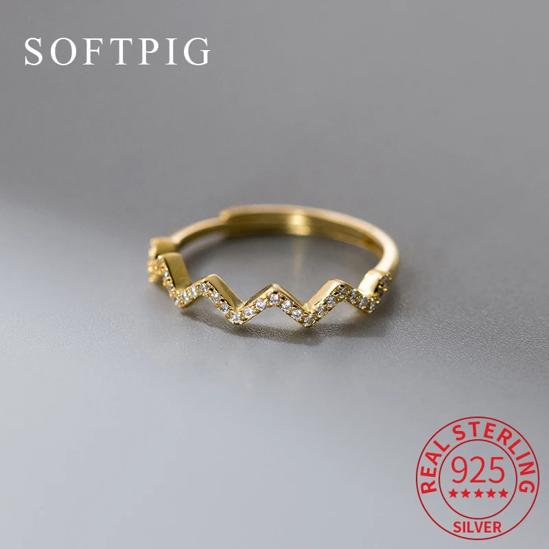 

SOFTPIG Real 925 Sterling Silver Sparkling Zircon Wave Adjustable Ring For Women Party Classic Fine Jewelry Accessories