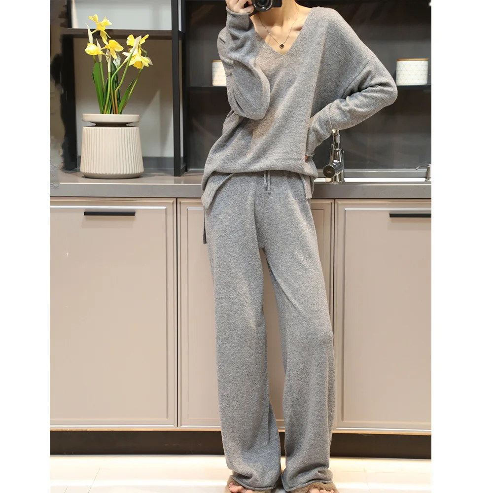 

Women Two Pieces Knitted Pant Set Y2k Matching Set V Neck Pullover Drawstring Full Length Pant Loose Casual 2025 Autumn Winter