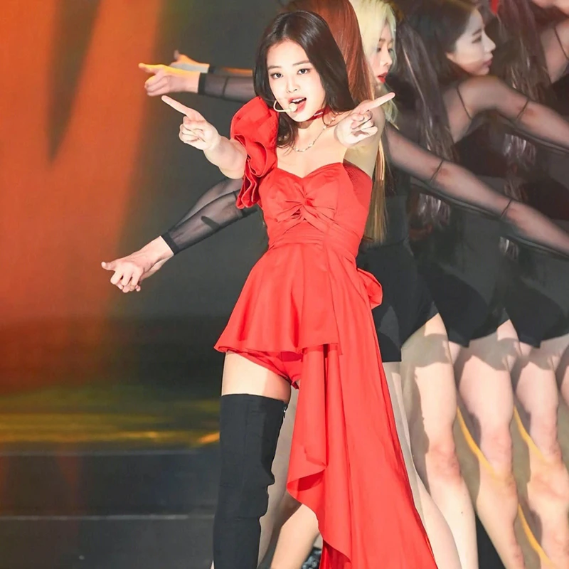 Korean Dance Girls Idol Same Red Off Shoulder Wear Stage Annual Meeting Host Solo Song Dress K-pop Outfits Urban Dance VBH90