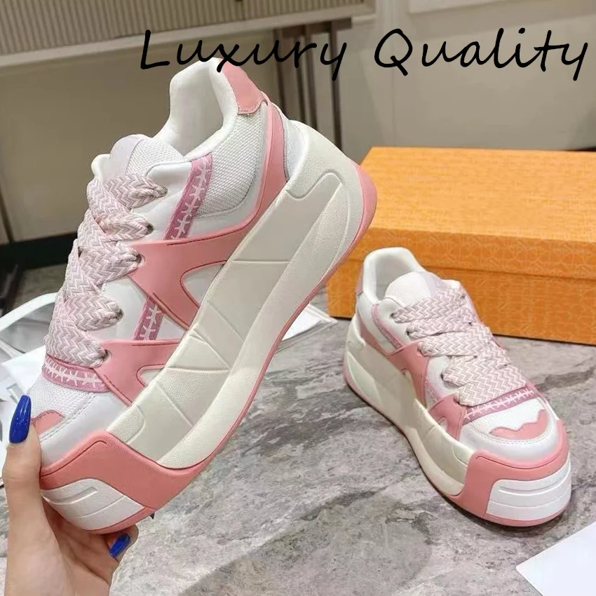 2024 Women's Casual Shoes Mixed Color High Quality Platform Comfortable Sneakers Patchwork Lace Up Daddy Shoes 2024