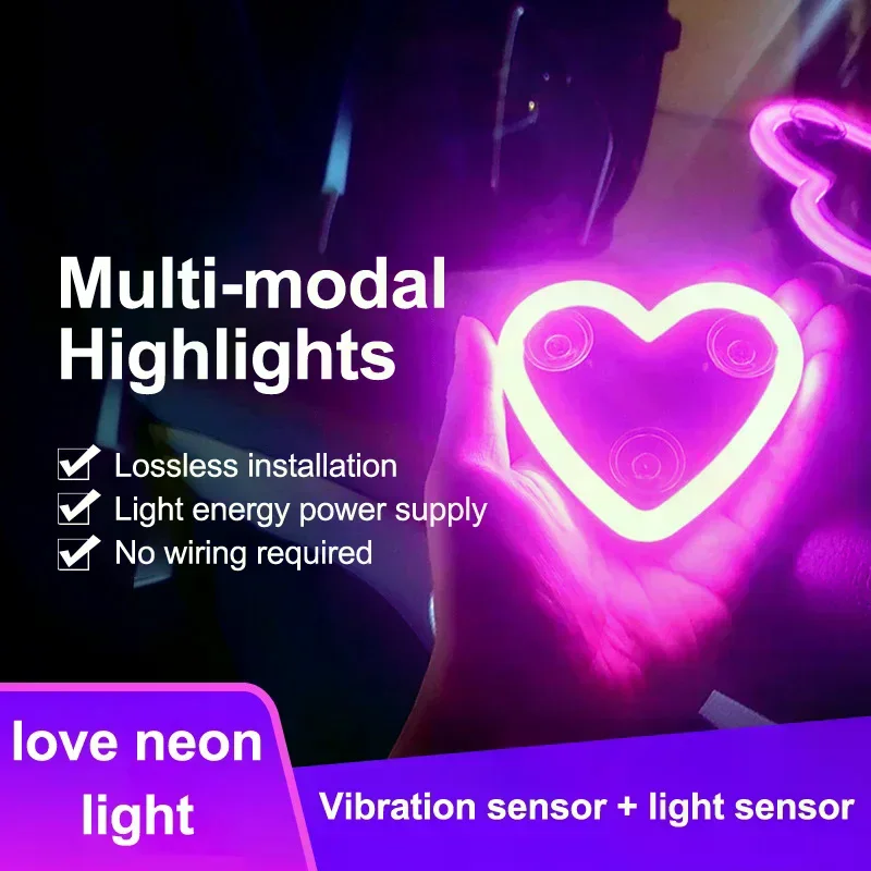 

Car LED Window Decoration Heart Neon Light Suction Cup Fixed Luminous Heart Solar Ambient Neon Light Car Lights Accessories 1PC