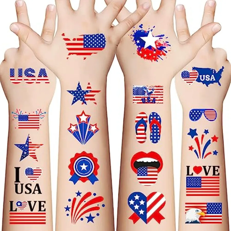 

90Pcs Fourth of July Temporary Tattoos, American Flag Red White and Blue Fake Tattoo Stickers, 4th of July, USA Party Favors, M