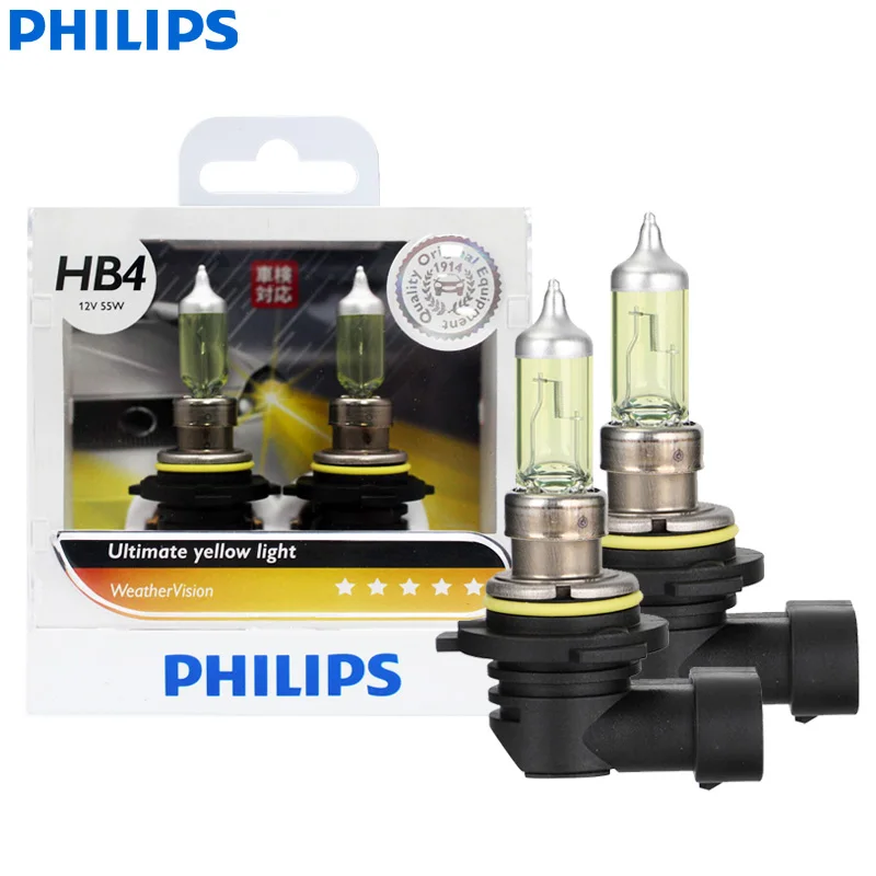

Philips HB4 9006 Weather Vision 2900K Желтый свет Автомобильные галогенные фары Противотуманные фары 12 В 55 Вт Оригинальные автомобильные лампы 9006WVS2