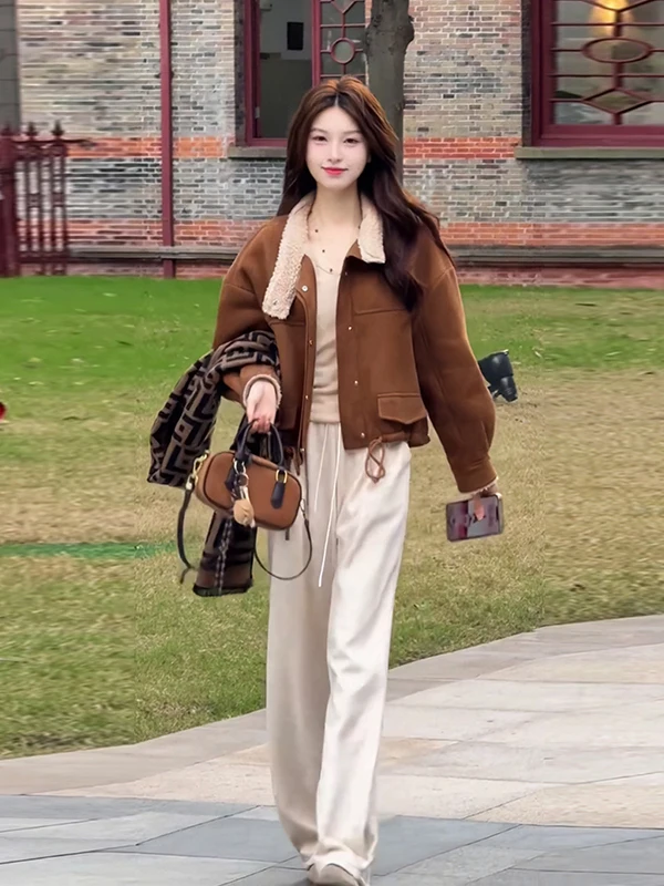 冬の新作、厚手のフリース裏地付きスエードコート、レディースSサイズ、メルローカラー、ラムファー、レトロな長袖ジャケット