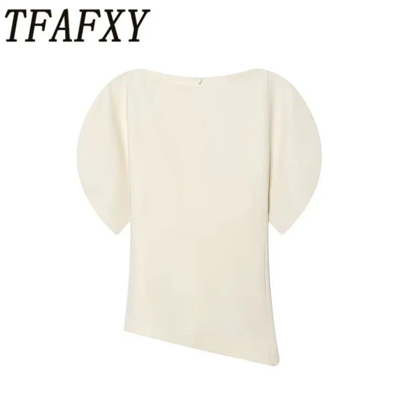 TFAFXY 2026 Frühling Damen Casual T-Shirts Sommer Puffärmel Geraffte Seiten Asymmetrisches Slim T-Shirt Damen Crop Top Y2K