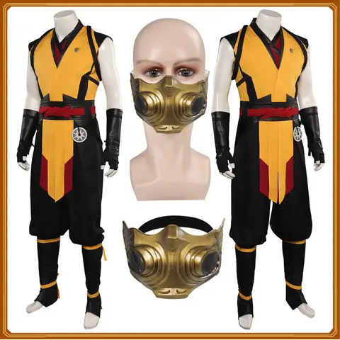 Scorpion Cosplay Mortal Disguise Kombat Costume Halloween Carnival Party Suit Men Fantasia Role Play Vest Pants Belt Outfits
