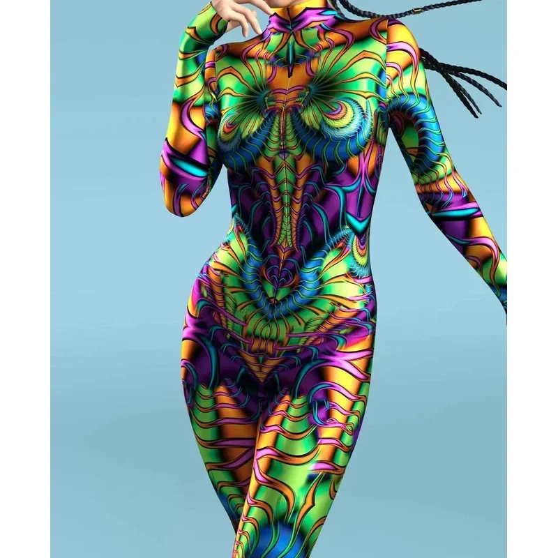Colorful 3D Printing CyberPunk Rainbow Jumpsuit Halloween Holiday Party Cosplay Costume Elastic Bodysuits Rompers Women Zentai