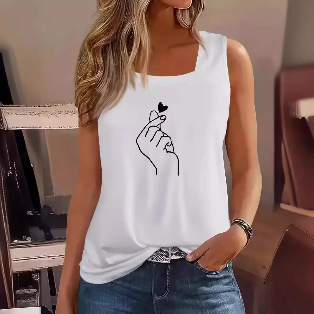 

Love Printed Svel Vest Women's Casual Sle Clothing Bright Tead Detail Polyester Fiber 00% Mid-Length T-irt