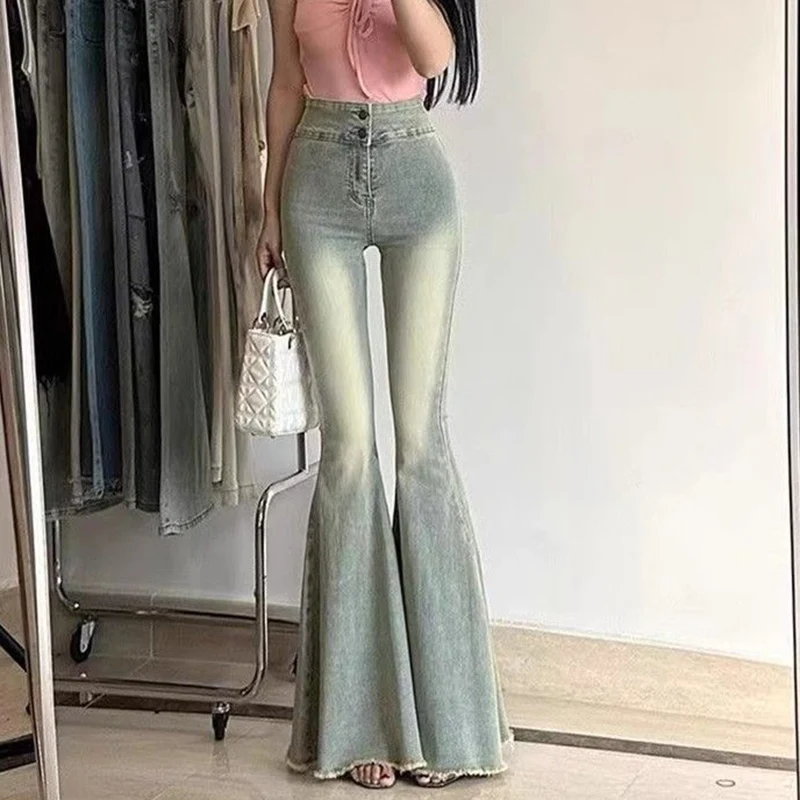 

Woman New High Waist Streetwear Slim Fit Flare Jeans Female Y2k Clothes Bell Bottom Pants Girls Gothic Black Blue Denim Trousers