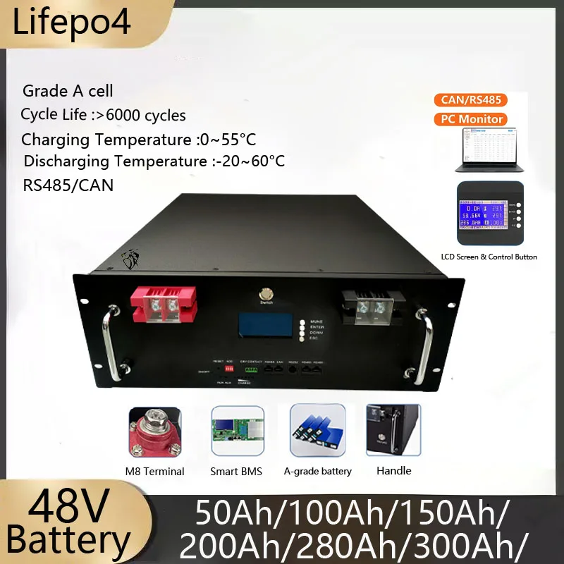 

48V 50Ah 100AH 150Ah 200Ah 280Ah 300Ah Lifepo4 литиевая батарея Bluetooth BMS для солнечной системы гибридный инвертор 2000 Вт 5000 Вт 10 кВт