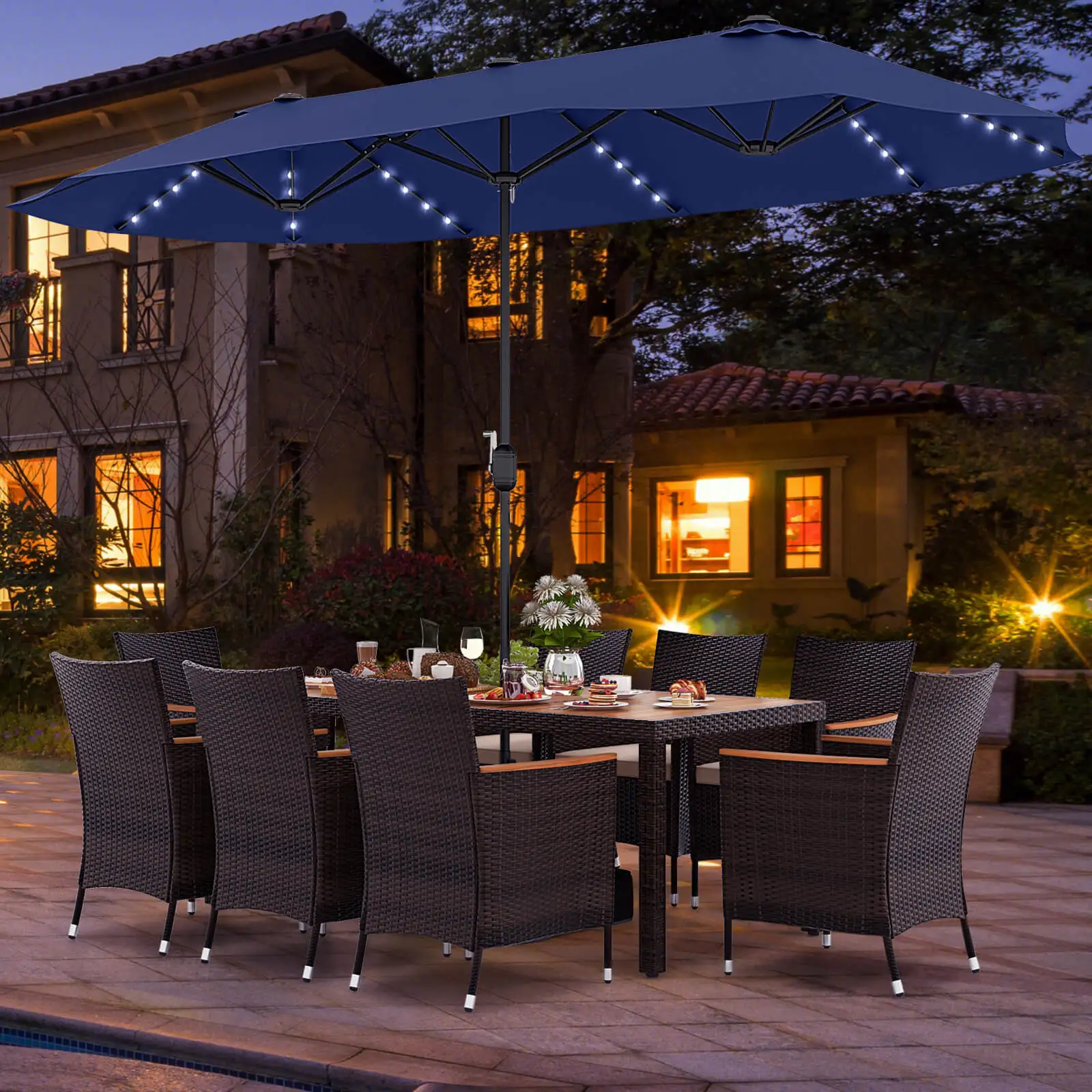 11 PCS Patio Dining Set with 15ft Double-Sided Patio Umbrella (Base Included) Navy