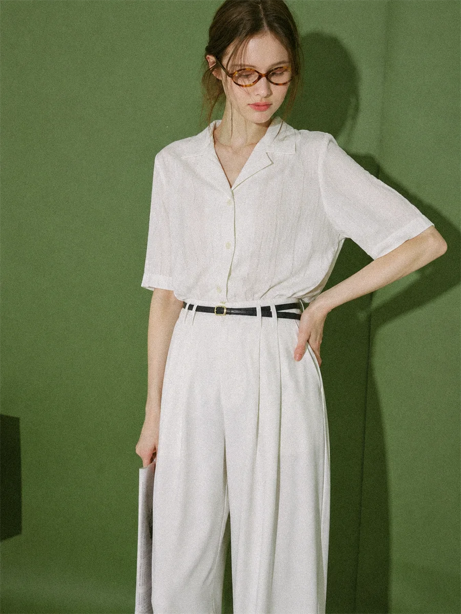 Loose Short Sleeve Cuban Collar White Shirt Women Casual Summer New Style Commute Top Polyester Fiber French Style Slimming