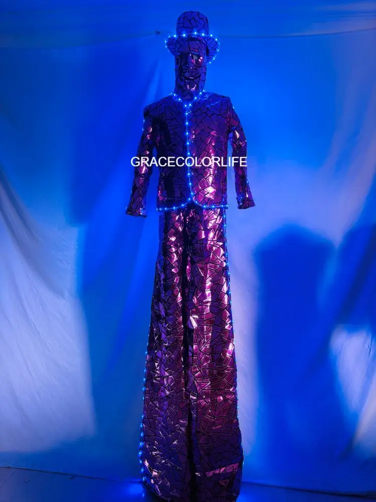 Costume da robot da passeggio con trampoli per tutto il corpo con luci a LED, paillettes scintillanti per spettacoli teatrali per adulti, spettacoli di eventi cosplay