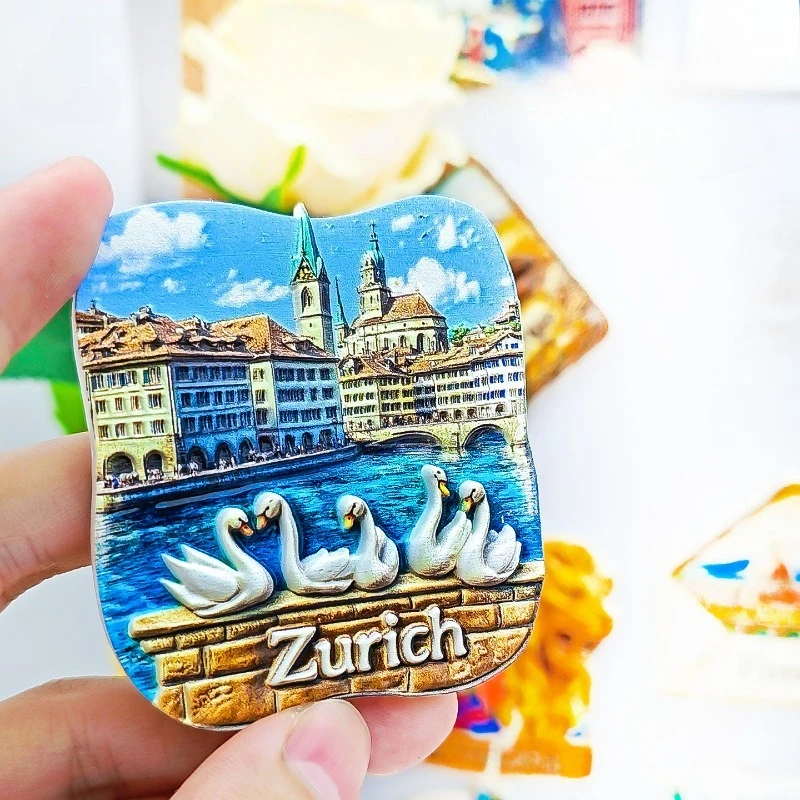 زيورخ المدينة القديمة سوان مغناطيس الثلاجة - ثلاثية الأبعاد نهر ليمات تذكارية منازل نقابة تاريخية ديكور هدية سويسرية فريدة من نوعها #3