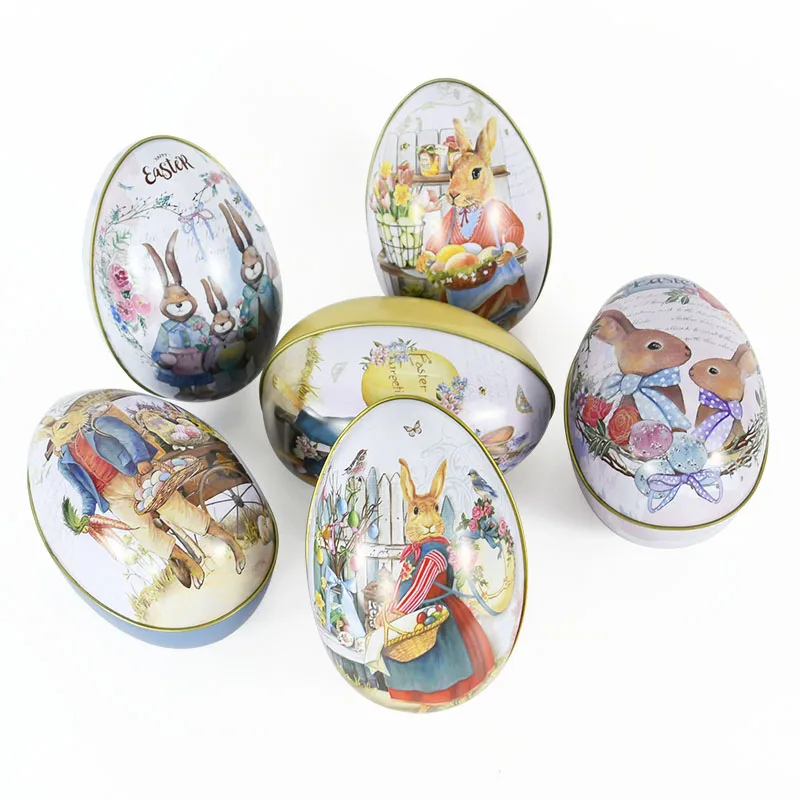 1Pc Happy Easter Bunny Dress Printing Alloy Metal Trinket Tin Eggs Shaped Candy Box Tinplate Case for Kids Birthday Home Decor