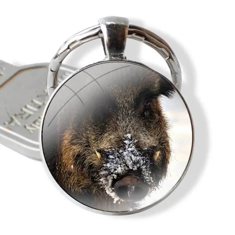 Animal wild boar Keychain Handmade Glass Cabochon Key Ring Holder Pendant Key Chains