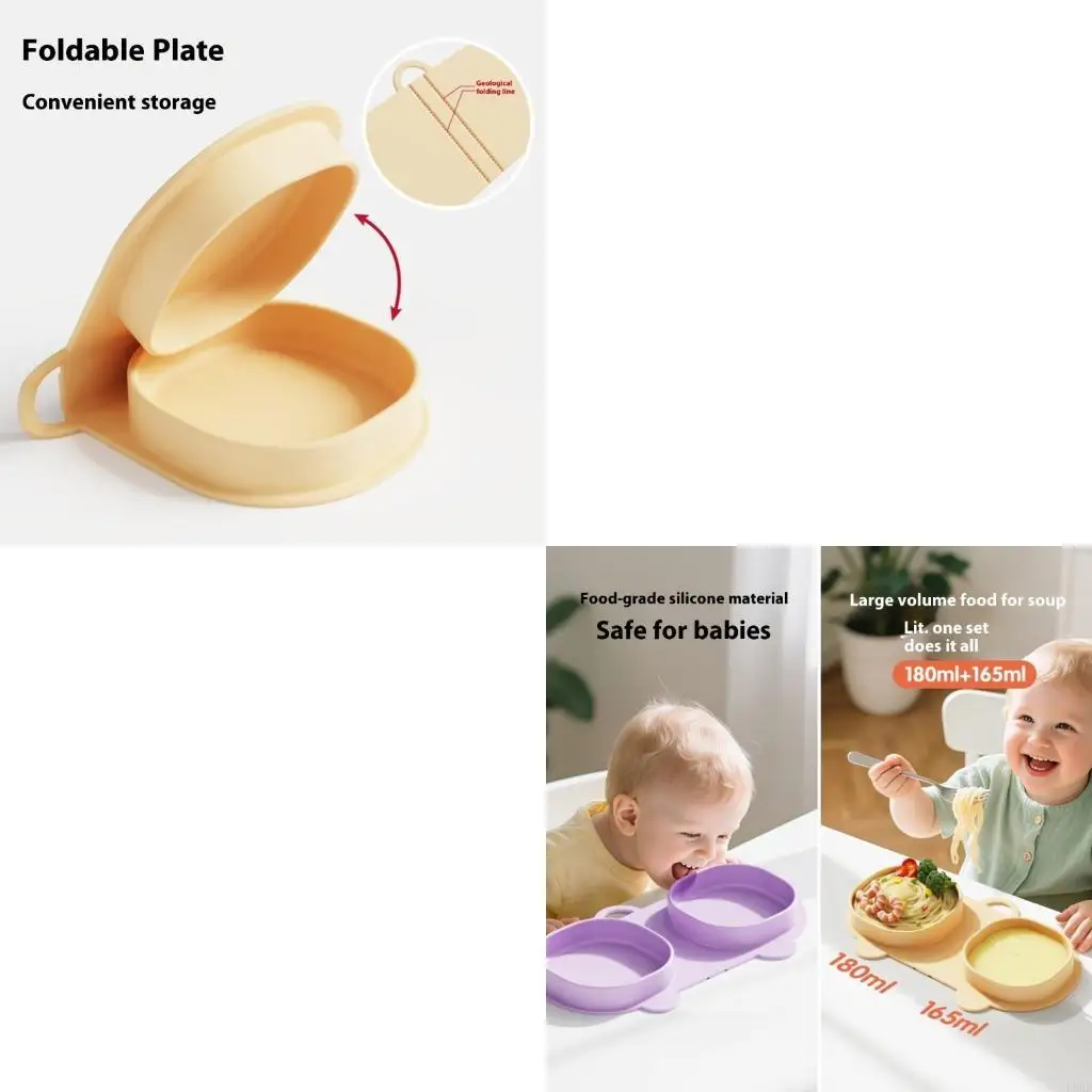 

Double Compartment Silicone Infant Plate Collapsible Portable Stable Base Baby Feeding Dish Suitable for Highchair Use L8RB