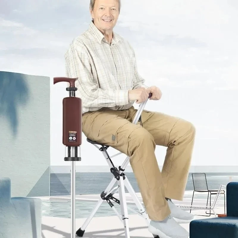 One Key Foldable Crutch Chair, Multi Functional Non Slip Walking Stick with Seat, Portable Aid for Elderly and Hiking