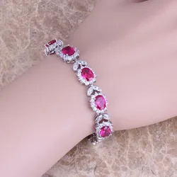 Exquisite Lady's Accessories Anniversary Party Gift Rose Red Pink Cubic Zirconia Link Chain Bracelet 7 inch S0396