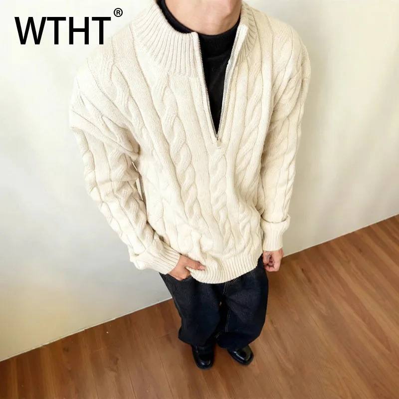 WTHT Fashion Men's Solid Color Texture Zipper Loose T-shirts Trendy Stand Collar Casual Long Sleeves Top Male 2025 Autumn 2A2034
