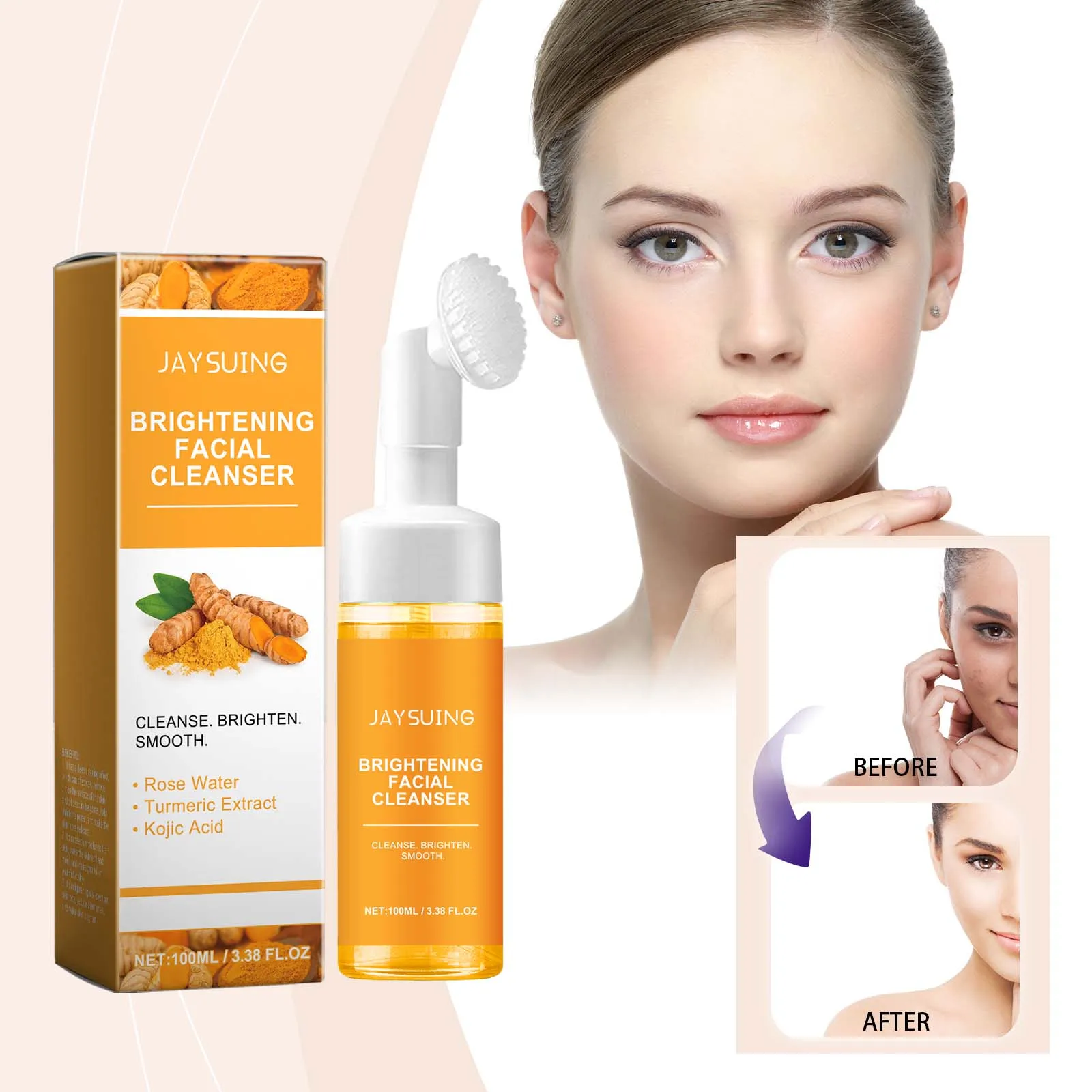 

Turmeric Foam Cleanser Brightening Facial Wash Oil Control Hydrating Non Drying Formula With Brush Head Blackhead Removal 100ml