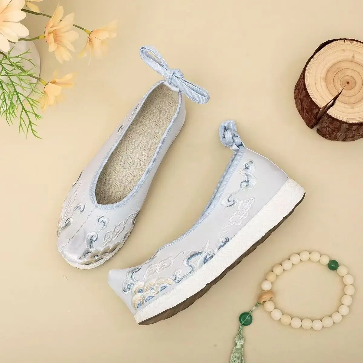 Woman Big Size Embroidered Hanfu Shoes Flat Sole Non Slip Shallow Ankle Strap Ethnic Style Cocked Shoe Toe Horse Face Skirt Shoe image 6
