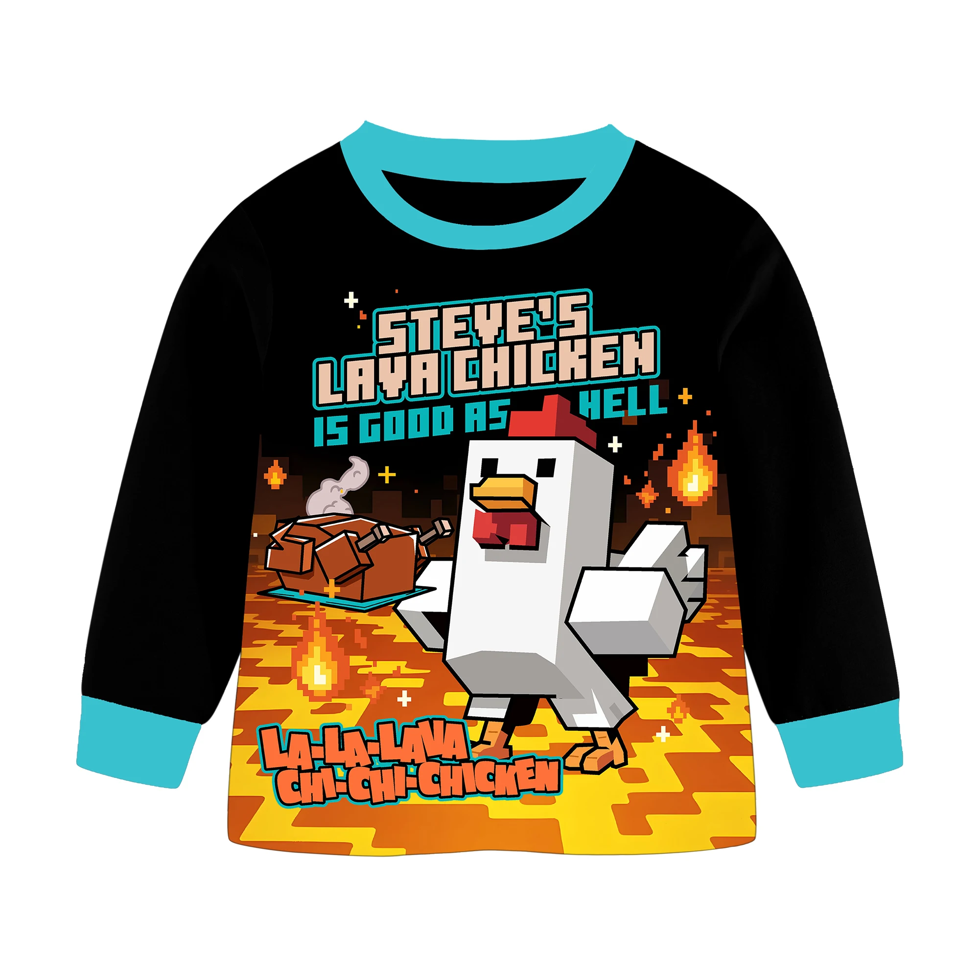Steve's Lava Chicken Jockey Jungen-Pyjama-Set, Langarm-Schlafanzug, Cartoon-Baumwollkleidung, Nachtwäsche für Kinder im Alter von 6-13 Jahren – Detail 7