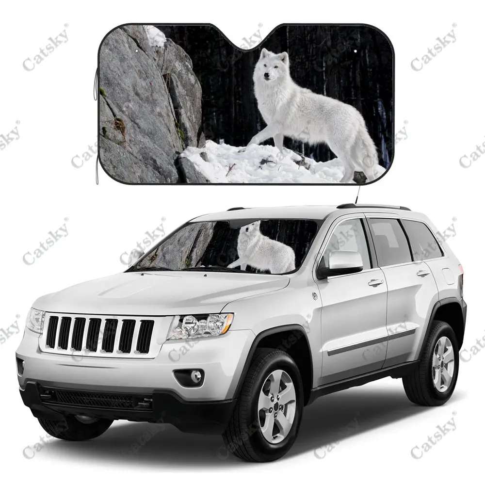 White Snow Wolf Animal Car Windshield Sunshade, Auto Accessories Front Windshield Sun Shade Blocks Uv Rays Sun Visor Protector