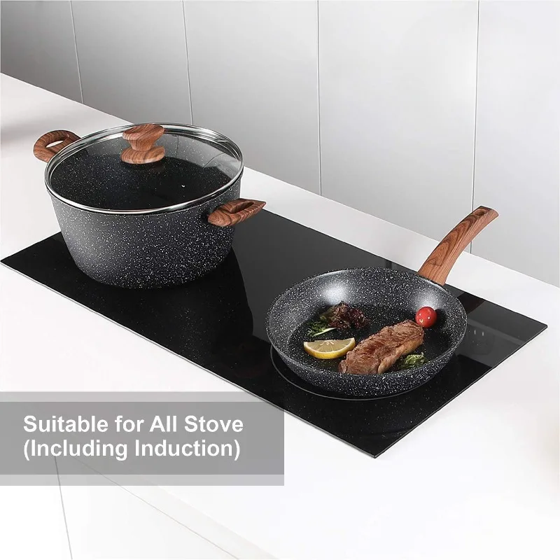 Induction Cookware Set-17 Piece Non-stick Cooking Pan Set, Black Granite Pots and Pans Set