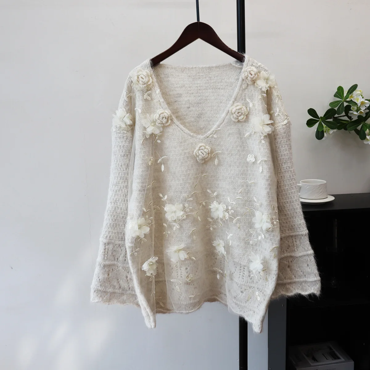 

Women Knitted Pullovers Sweaters Solid Jumpers 3D Flower Lace Spliced V Neck Long Sleeves Loose Thick Casual 2025 Autumn Winter