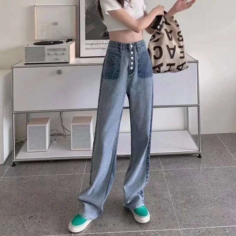 Women Large Size Autumn Denim Pants Waist Korea All Match Slender Jeans Female New Fashion Ankle Length Solid Straight Trousers