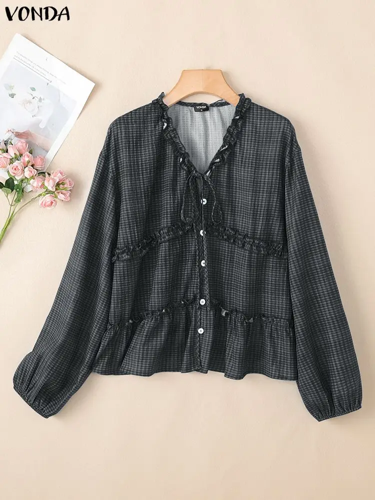 Vonda moda xadrez camisas femininas topos primavera outono manga longa com decote em v elegante senhora do escritório blusa casual bandagem solta blusas