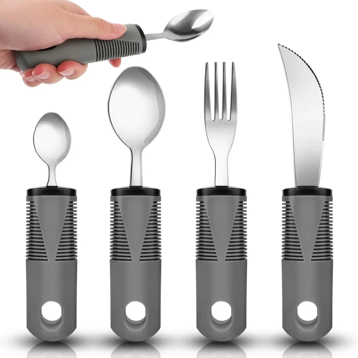 Cutlery for Arthritic Hands Set of 4 Adult Extra Wide Handles Disabled Cutlery with Knife Fork Spoon for Adult Elderly Parkinson