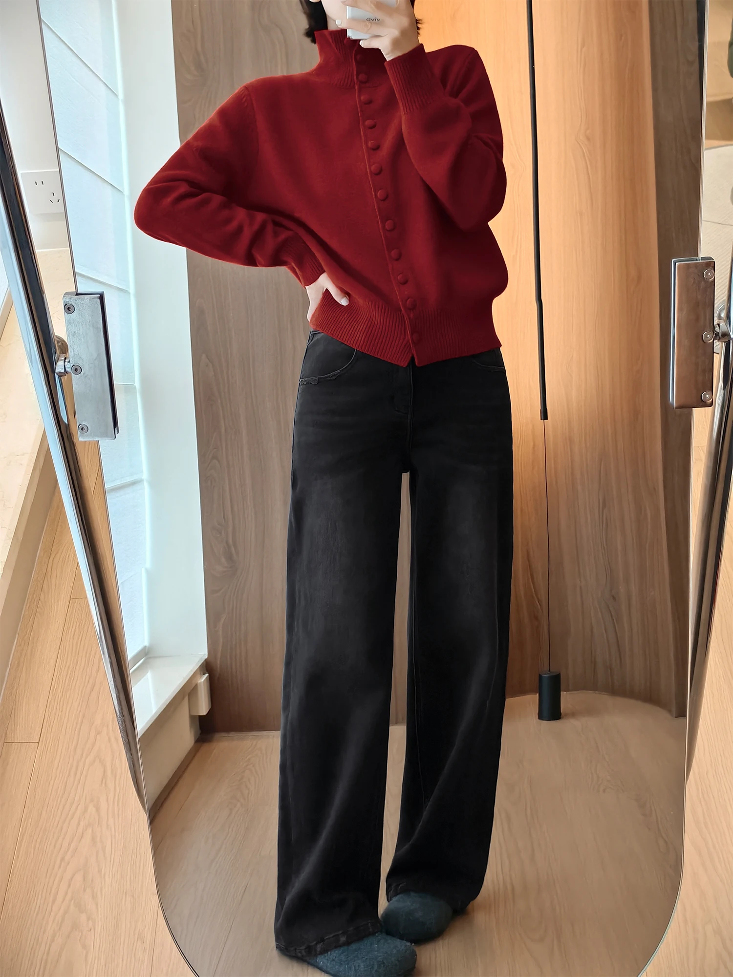 

Thiened Straight Leg Jeans Women's High Waist Slim Fit Wide Leg Pants Winter Warm Casual Cotton Deep Color Jeans