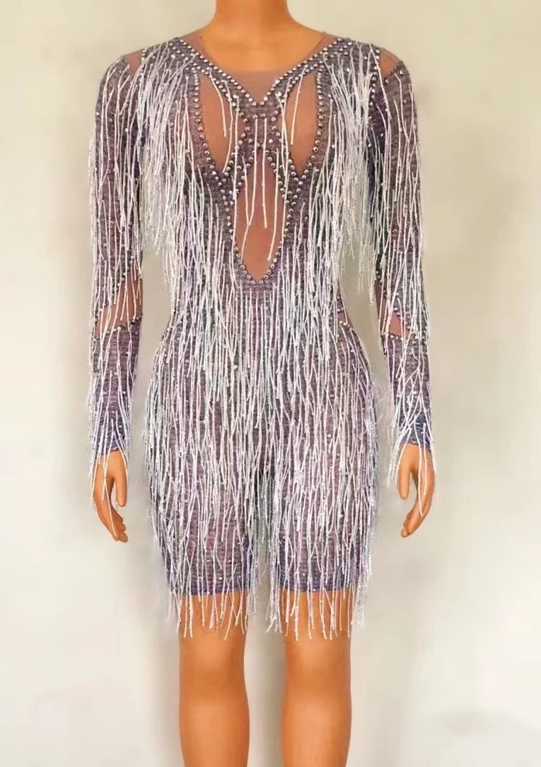 

Sexy Silver Rhinestones Fringes Dress Lady PromEvening Outfit Bar Singer See Through MeshDress Shining Birthday Tassels A123