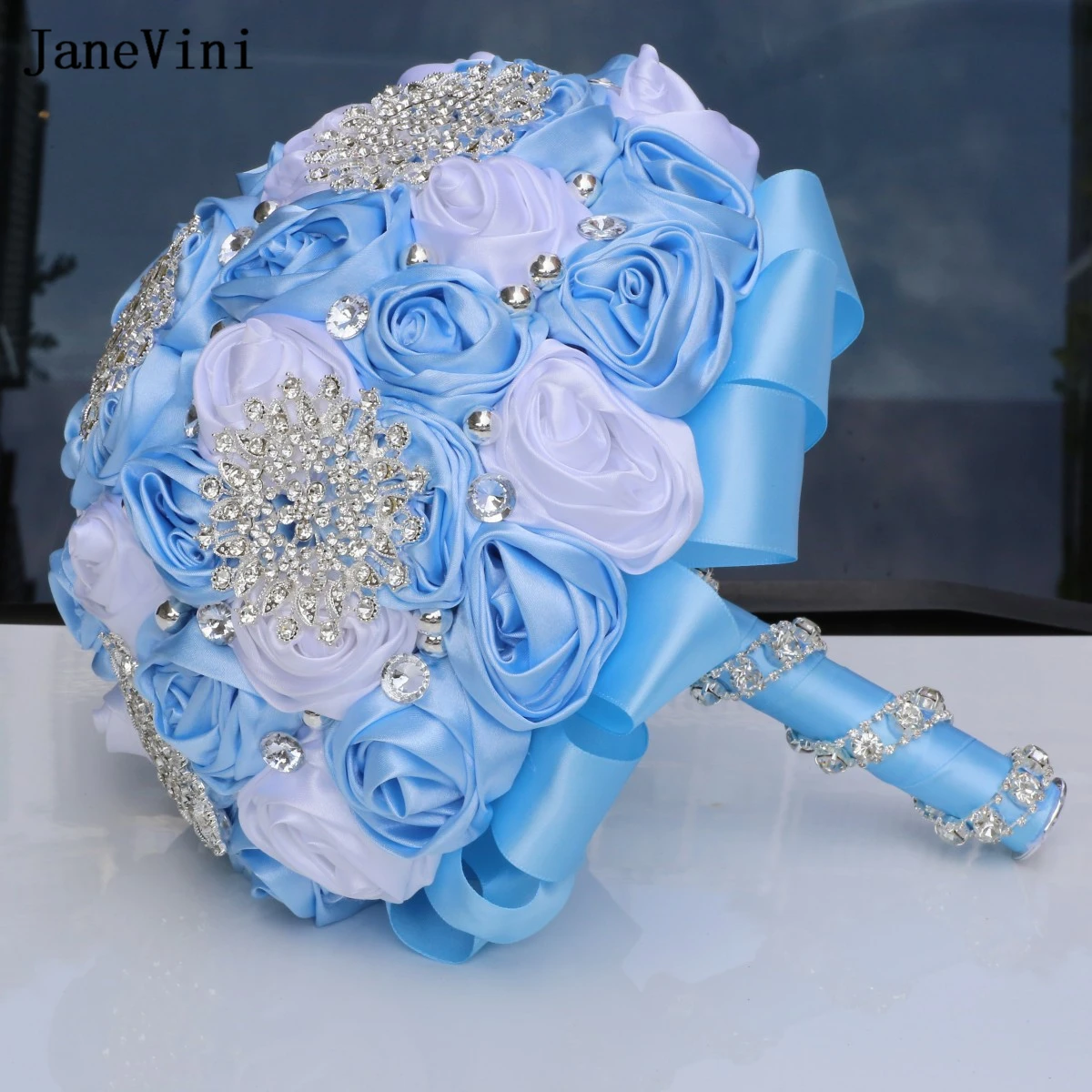 JaneVini-Bouquets nupcial com strass prata, rosas artificiais cetim, buquê de casamento, encantador luz azul fita branca flores