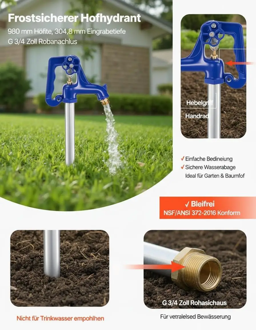 Grifo exterior antiheladas para jardín, 980 mm, profundidad de enterramiento 305 mm, conexión de tubo G 3/4 pulgadas, manija de levantamiento